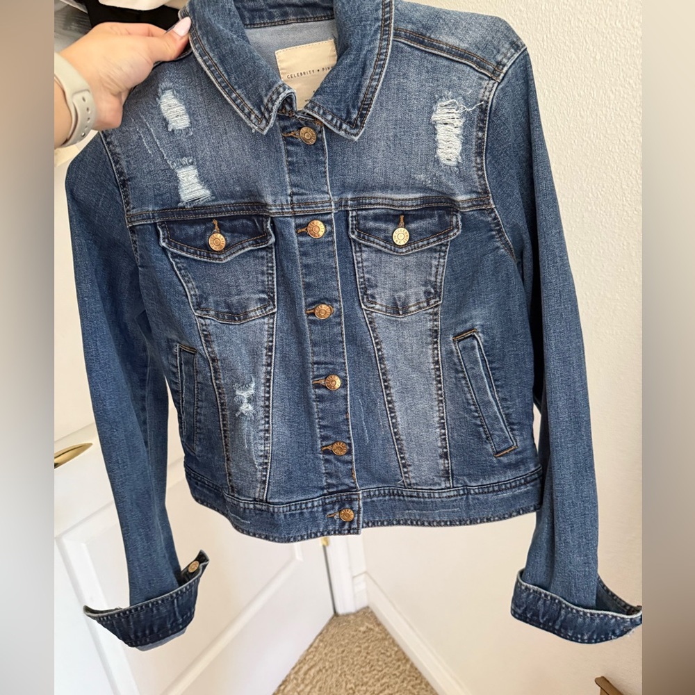 Celebrity Pink Distressed Denim Jacket with Gold Accents